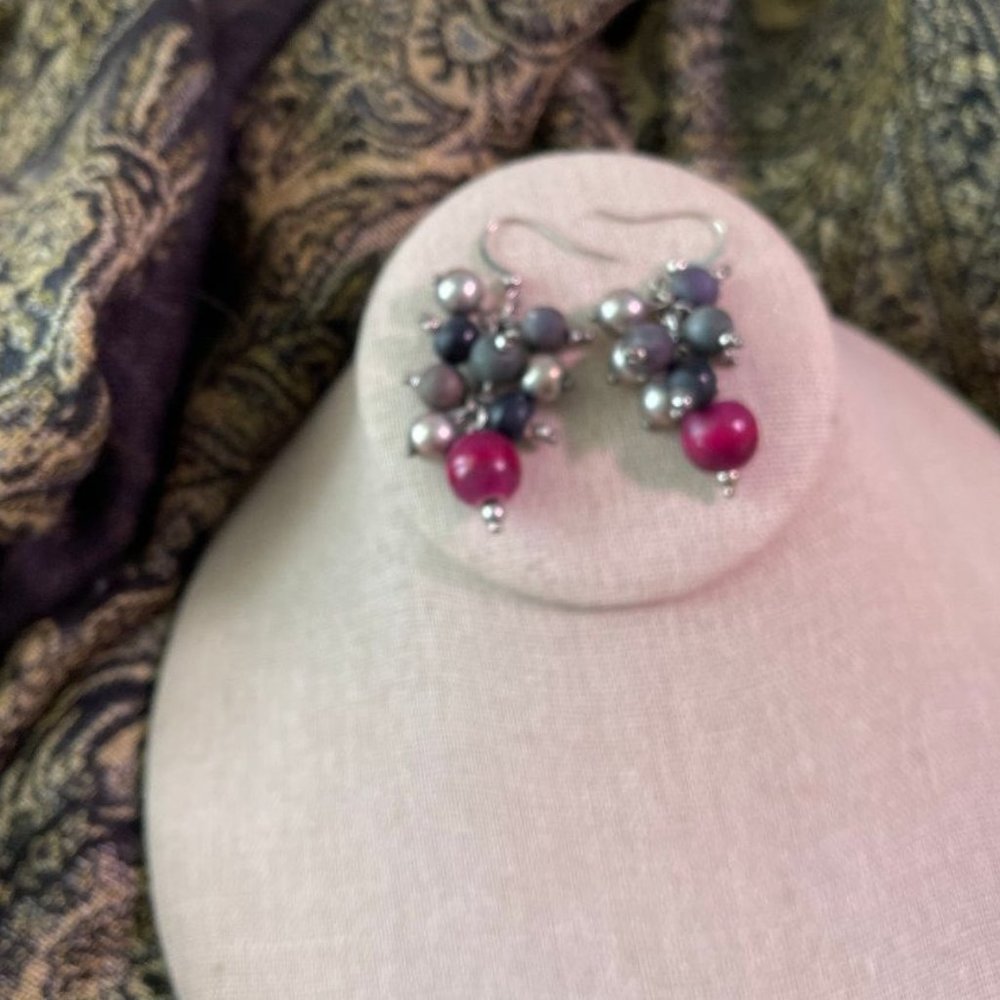 Silver Bead and Red Dangling Earrings